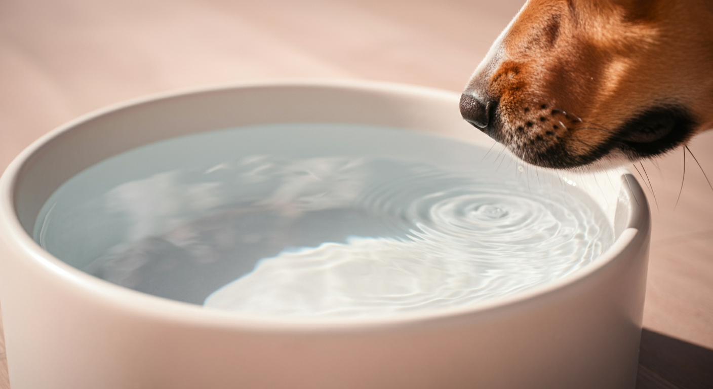 新鮮な水が入ったボウルと、水を飲もうとしている犬の鼻先のクローズアップ。