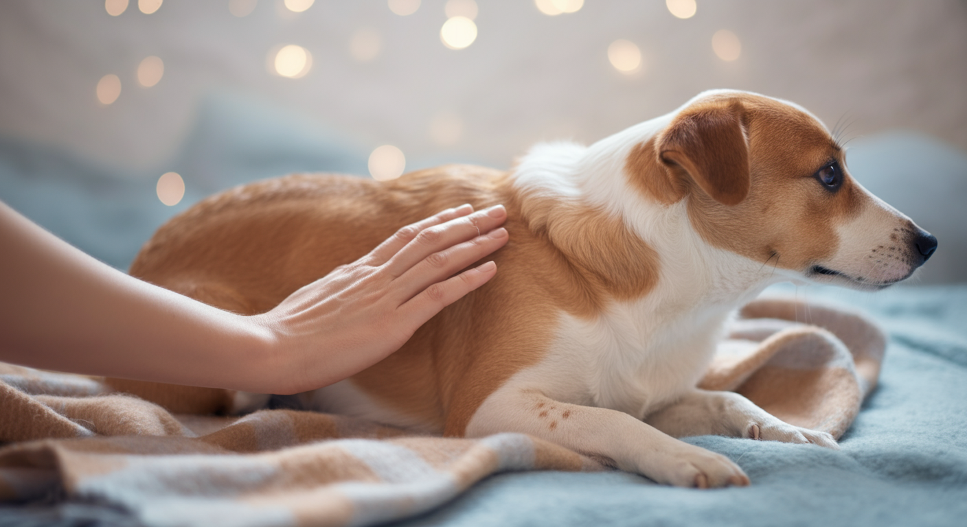 心地よさそうなブランケットの上で、人の手が優しく犬の背中を撫でている。
