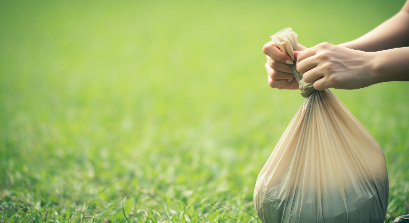 緑の芝生を背景に、人の手が犬の排泄物用袋の口をきちんと結んでいる。