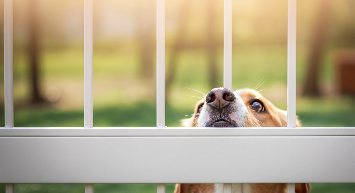 フェンス越しにドッグランの中を静かに見つめる犬の鼻先のクローズアップ写真。