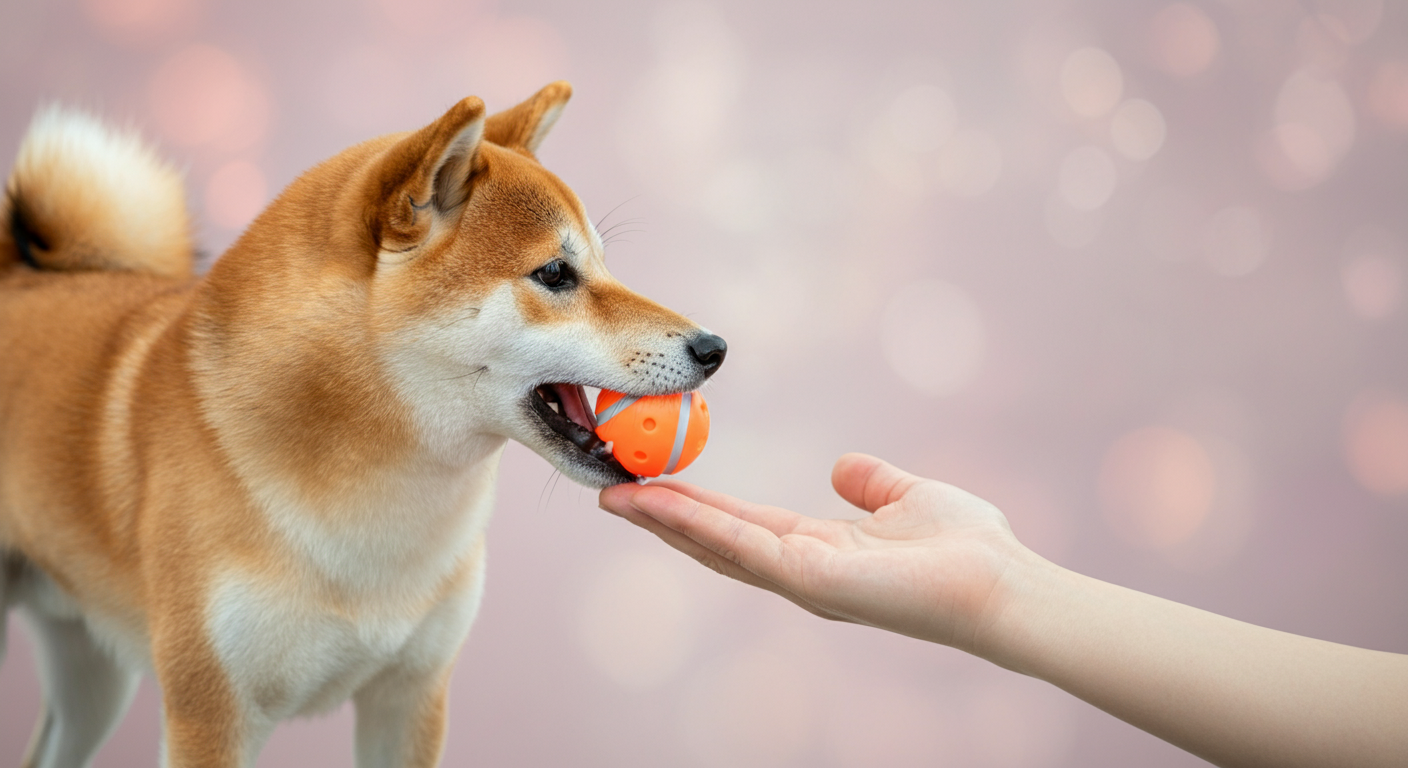 柴犬が口にくわえたボールを、飼い主の手のひらに優しく置こうとしている瞬間