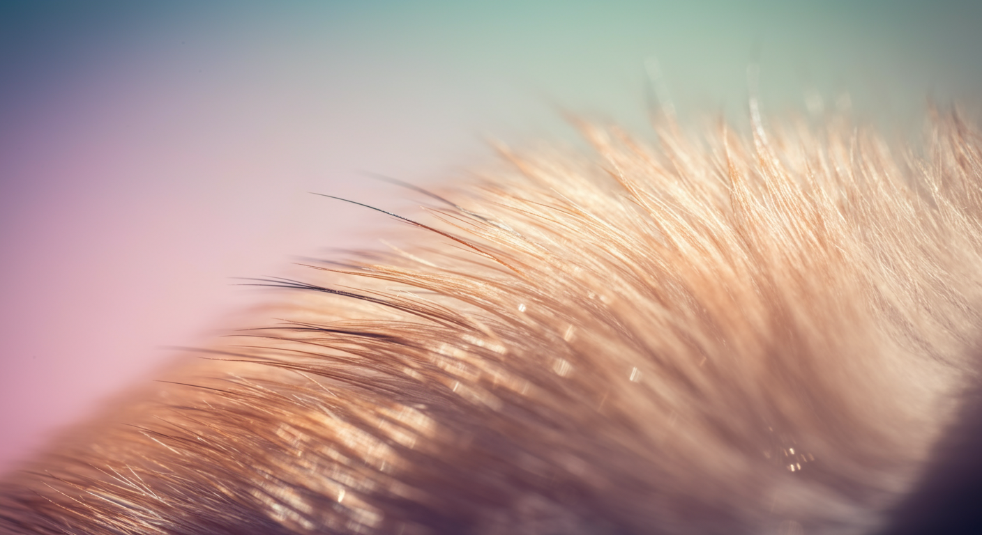 光を反射して輝いている犬の被毛の超マクロ写真。健康的な毛並みを表現した、パステルカラーのミニマルな写真。