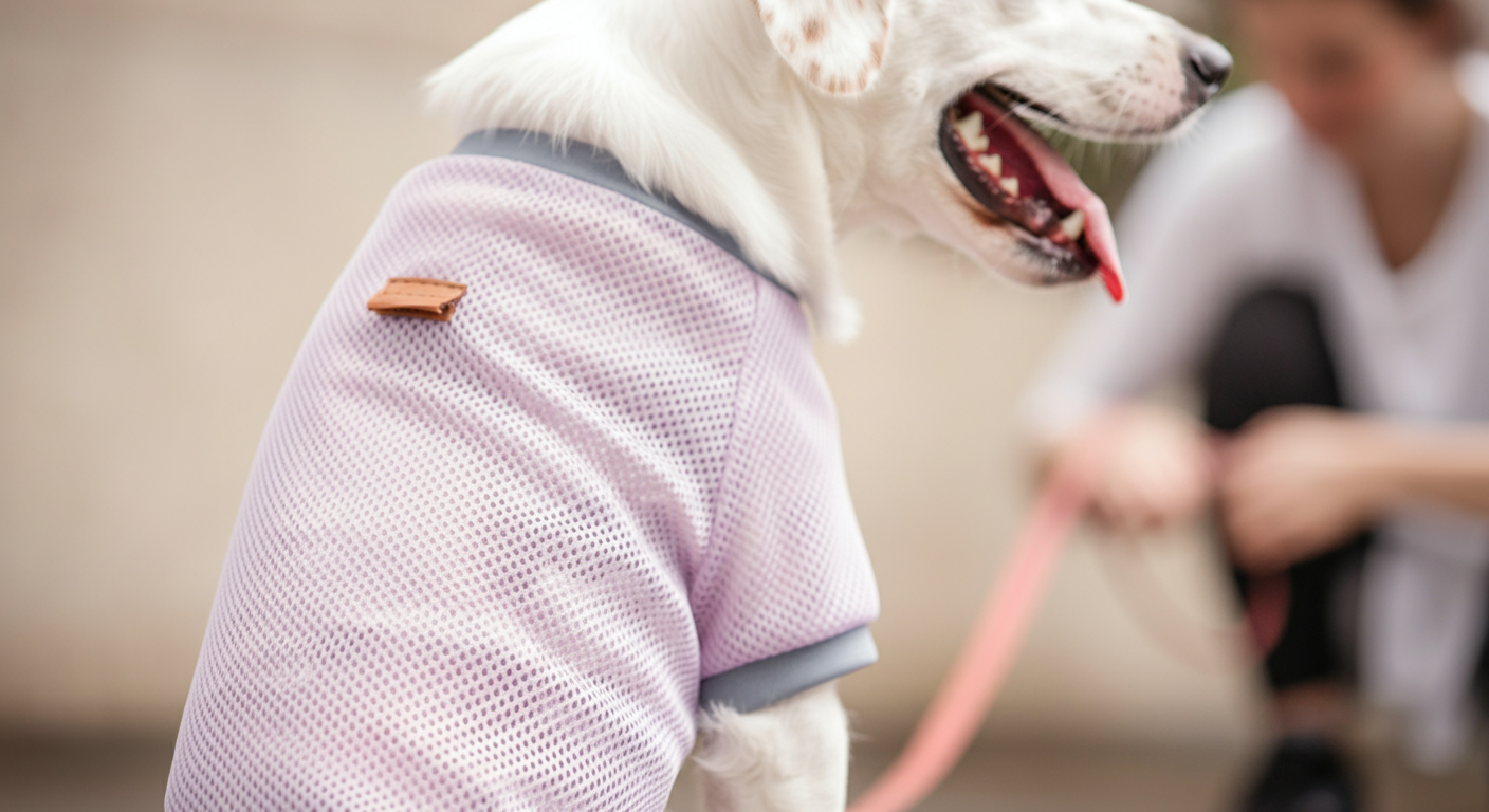 通気性の良い犬用メッシュシャツの生地をマクロ撮影した画像。背景には散歩の準備をする犬の姿がぼんやりと見える。