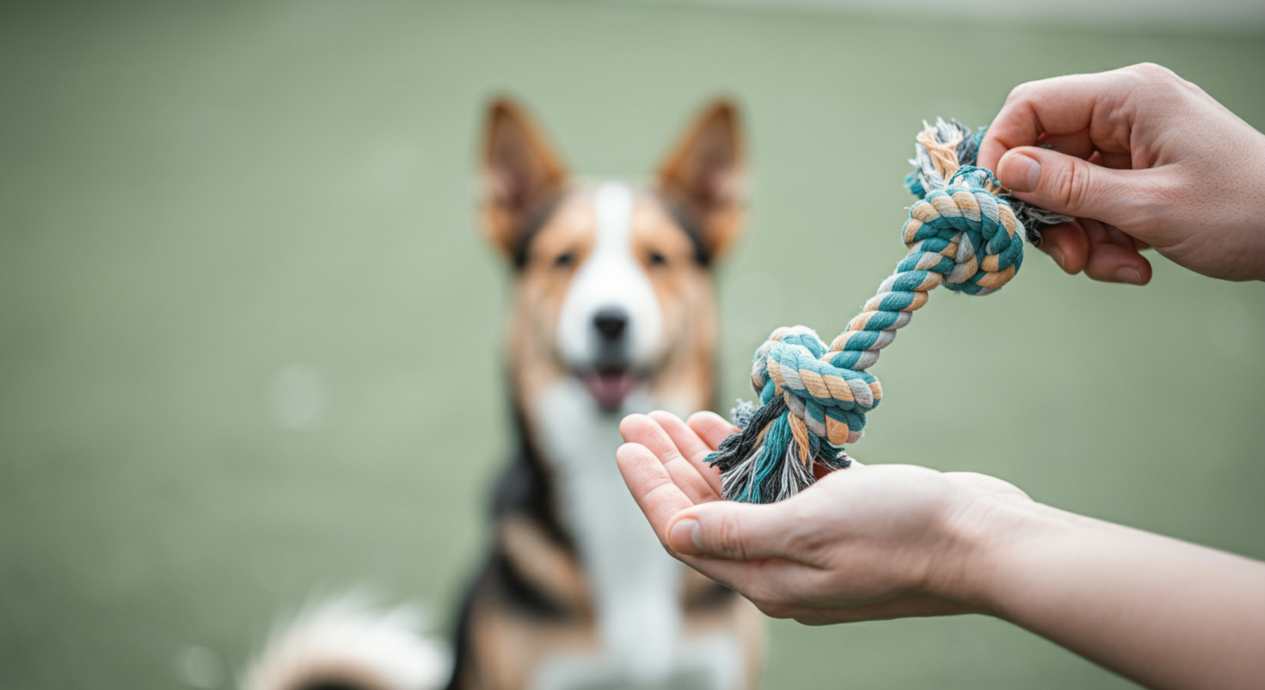 犬のお気に入りのおもちゃを差し出している飼い主の手