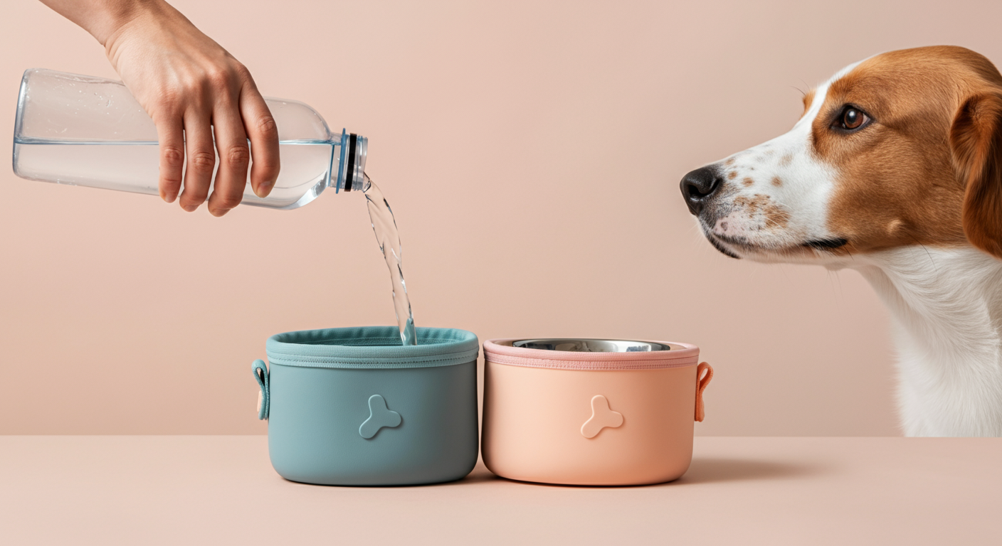 飼い主が携帯ボトルから犬用の携帯ボウルに水を注いでいる様子。犬の鼻先が少し見えている。