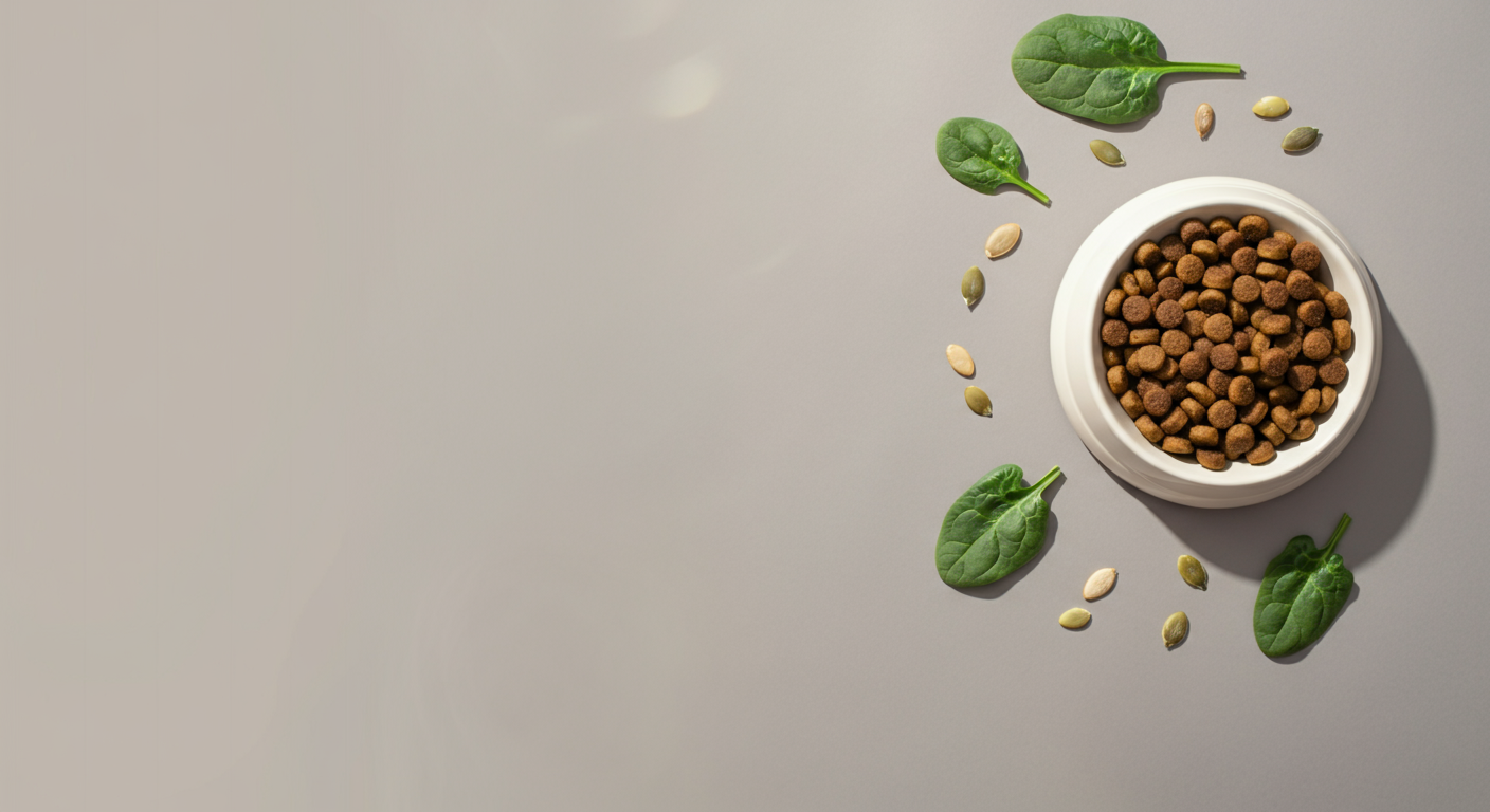 ドッグフードが入った白いボウルの横に、ほうれん草の葉とかぼちゃの種が置かれているミニマルな写真。