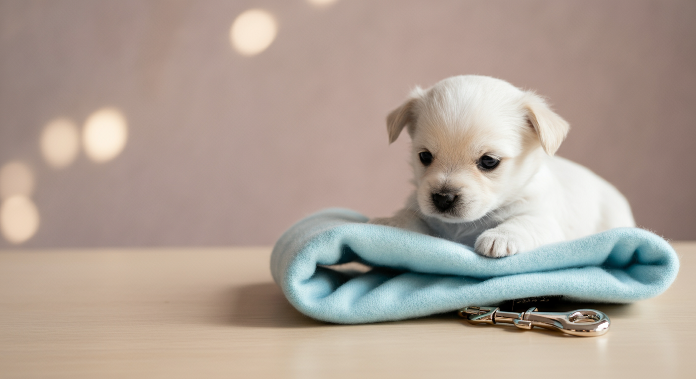 明るい木製のテーブルの上に置かれた、パステルカラーの犬用マナーベルトのクローズアップ。