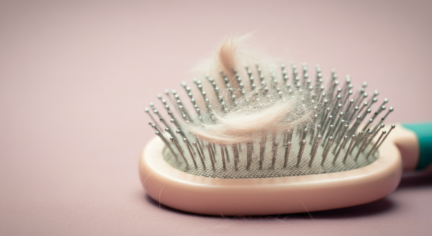 パステルカラーの背景に置かれた犬用ブラシ。その毛先には、数本の犬の抜け毛が絡まっている様子がマクロ撮影されている。