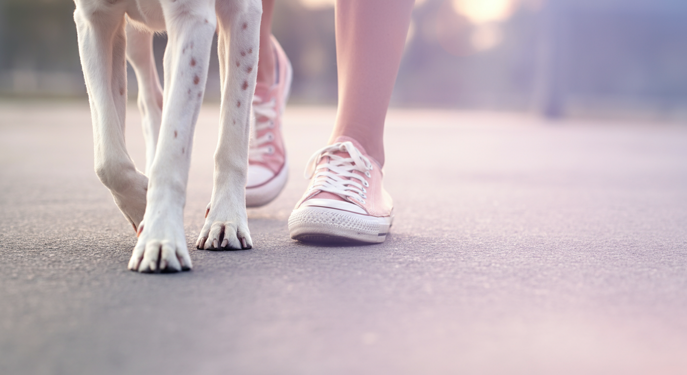 ドッグランに入る前のお散歩を表現する、飼い主の足と並んで歩く一匹の犬の足元。