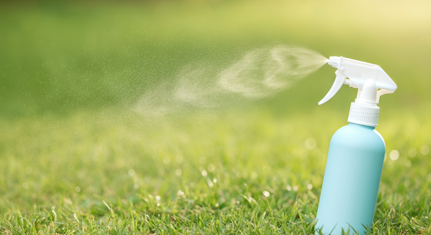 ペットにも安全な除菌スプレーが、緑の芝生を背景に美しいミストを噴射している様子。