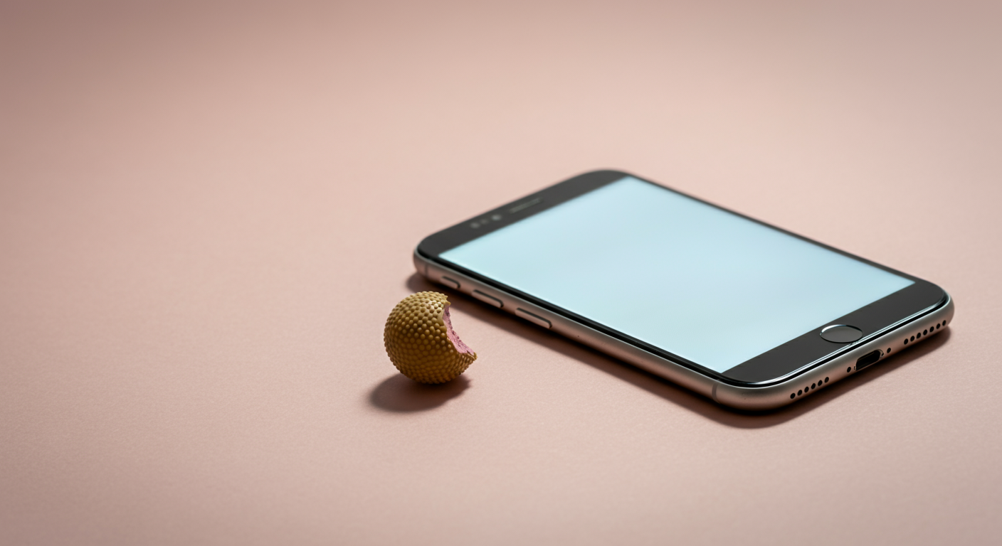 噛みちぎられたボールの破片とスマートフォンのメモ帳アプリが並べられた、準備を促すミニマルな写真。