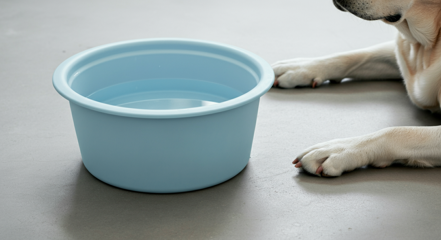 大きな水色の水飲みボウルの隣にラブラドールレトリバーの前足が置かれている写真