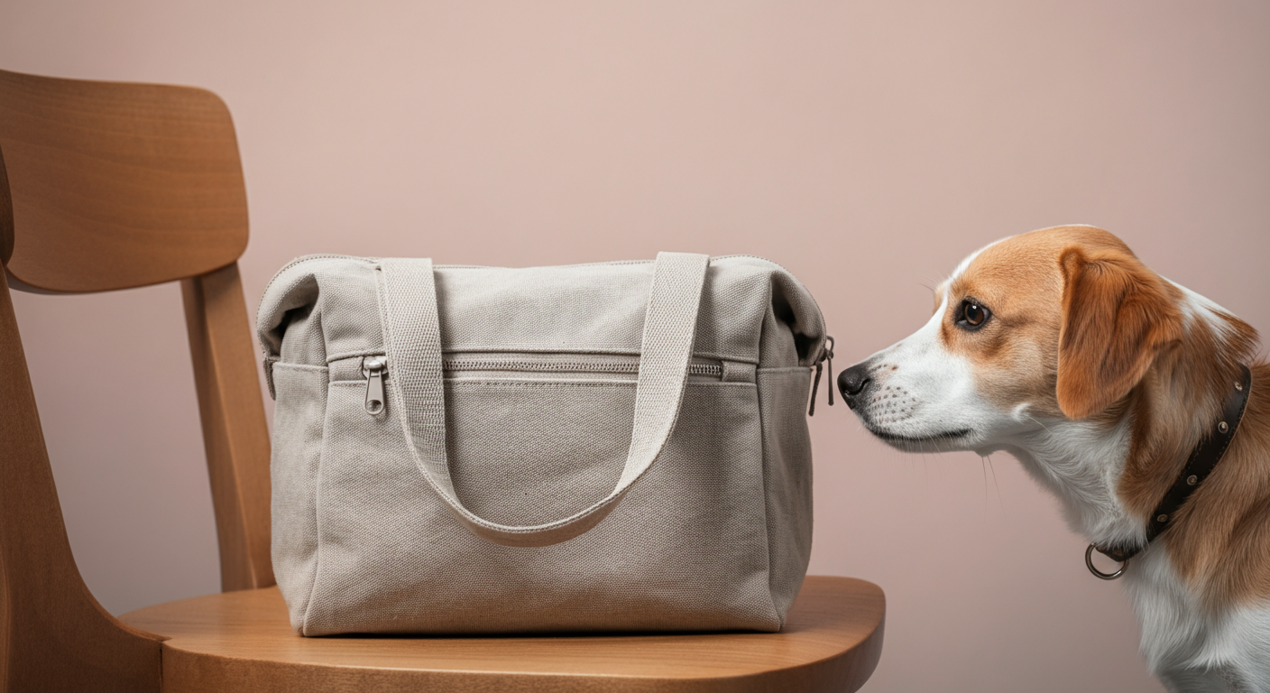 椅子の上のバッグのファスナーはしっかり閉められている。食べ物を狙う犬がいても安全なように管理されている様子。