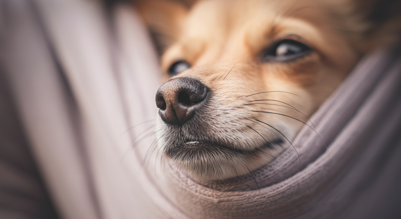 パステルカラーのスリングの中で安心しきった表情で眠る小型犬のクローズアップ写真。