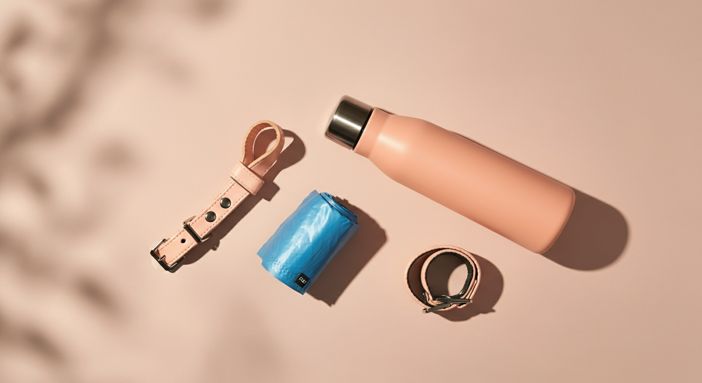 パステルカラーの背景に、犬用の水筒、マナー袋、首輪がおしゃれに並べられたフラットレイ写真。