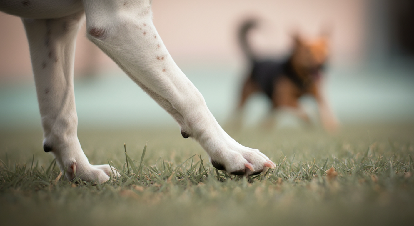 芝生の上に立つ犬の足元に、別の犬の影が近づいてくる様子を捉えた抽象的な写真。