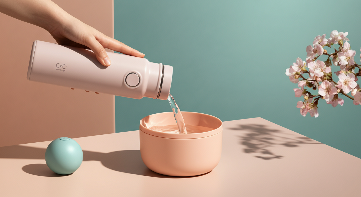 ボウル部分に水が流れる、スタイリッシュな一体型給水ボトル