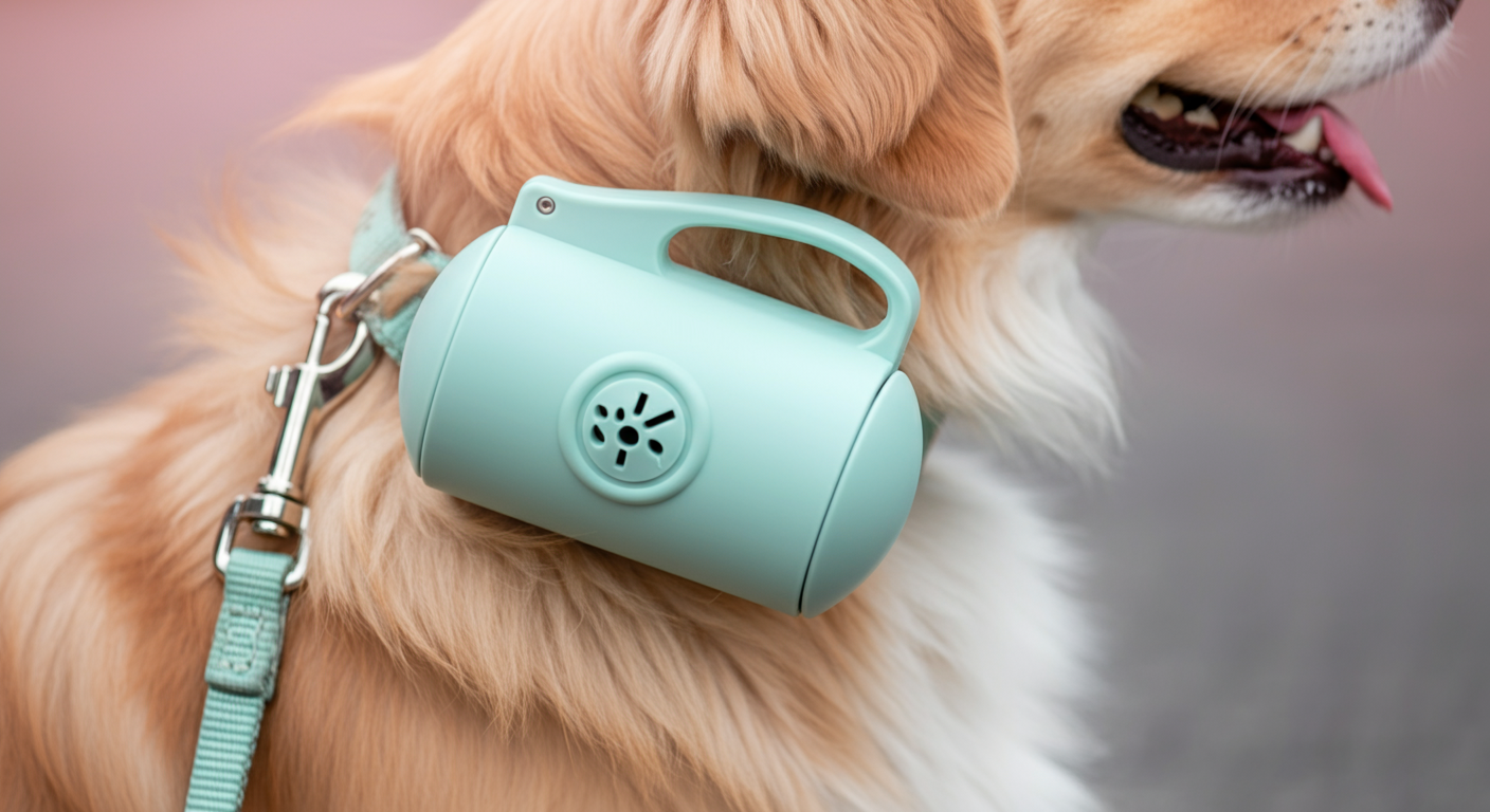 ミントグリーンのうんち袋ディスペンサーが犬のリードに付けられているクローズアップ写真。