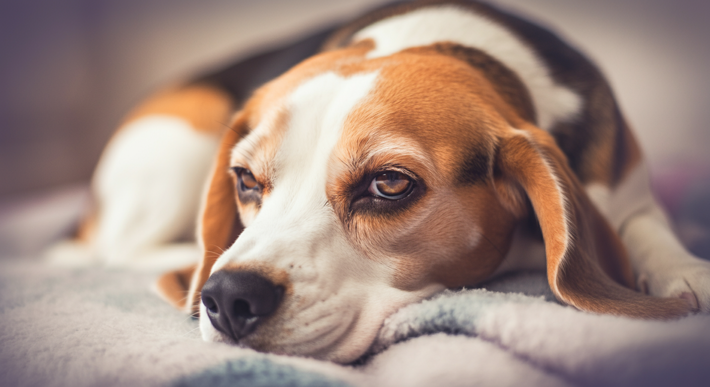 柔らかいブランケットの上で、気持ちよさそうに目を閉じて休んでいるビーグルの顔のクローズアップ。