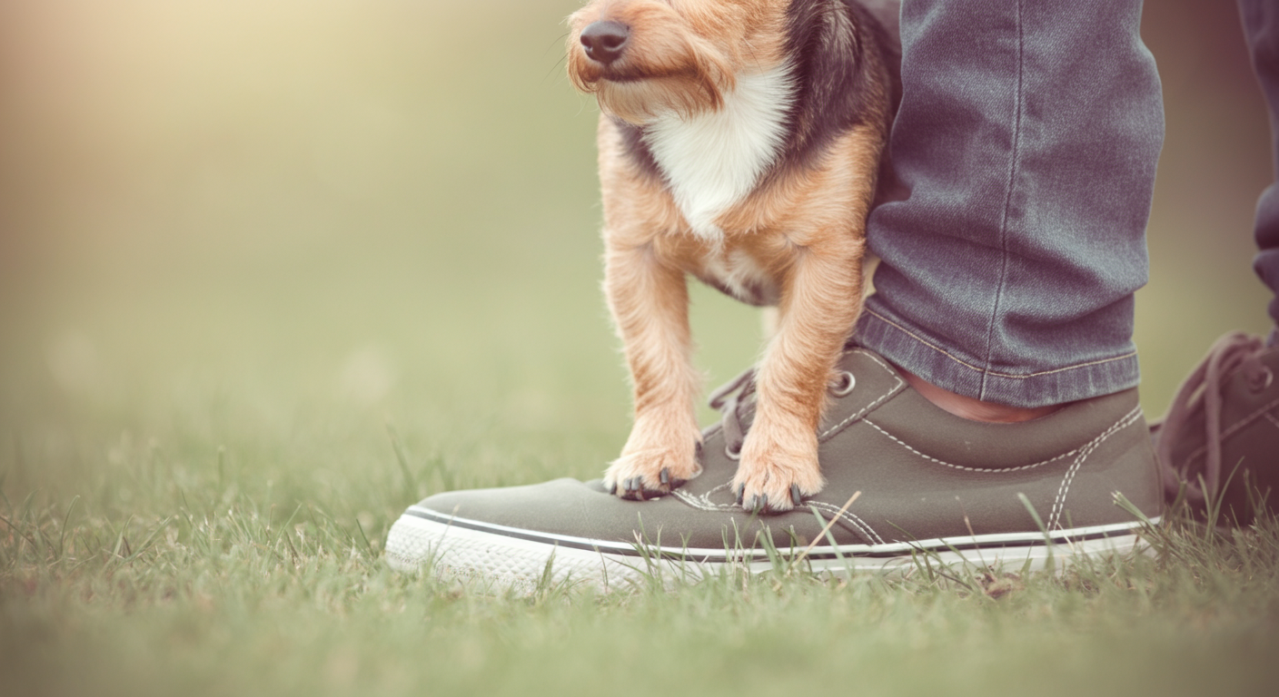飼い主の足元に寄り添う小型犬の足。