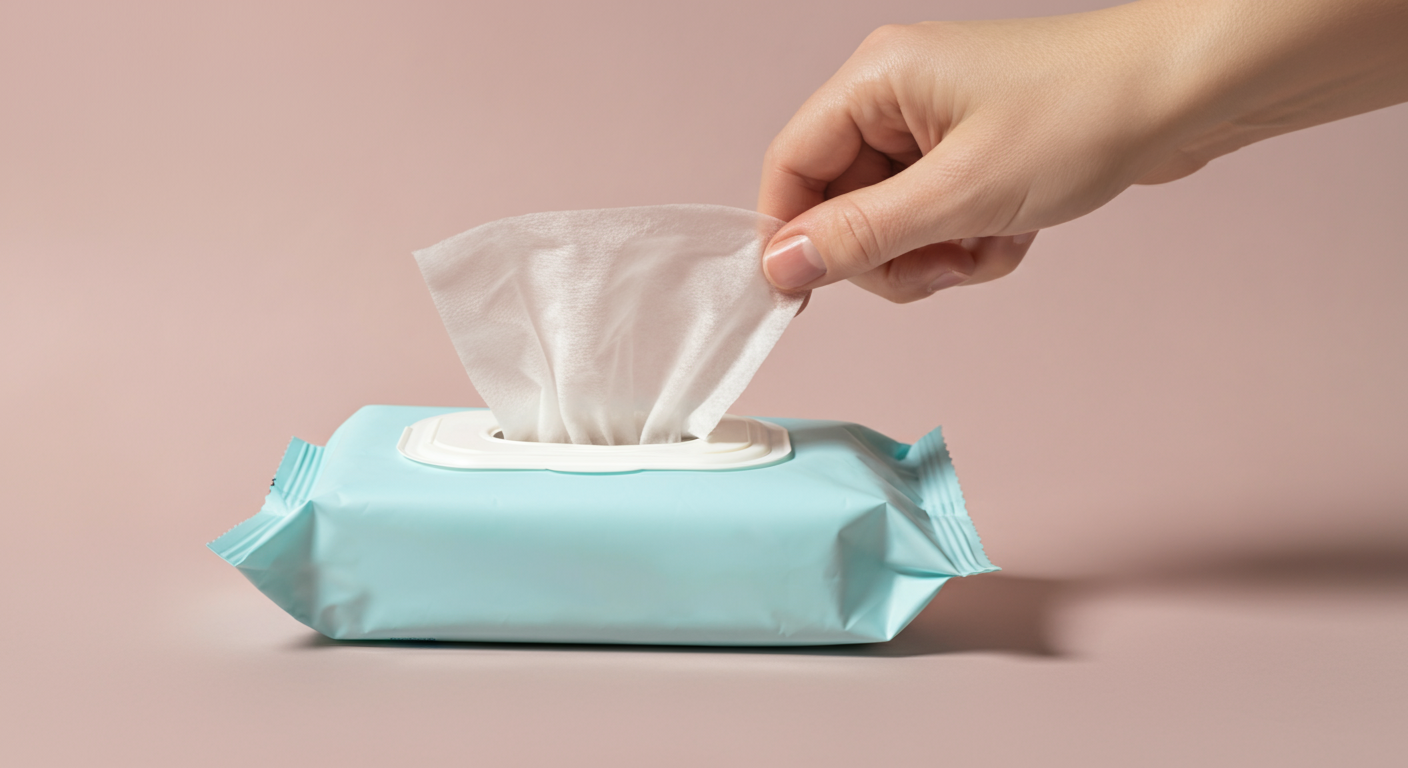 ウェットティッシュのパッケージから、次のシートが繋がらずに1枚だけ綺麗に出てくる瞬間を捉えた写真。