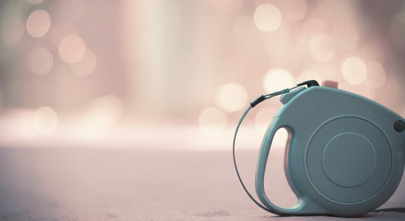 伸縮リードのプラスチック製ハンドルのロックボタン部分のクローズアップ写真。