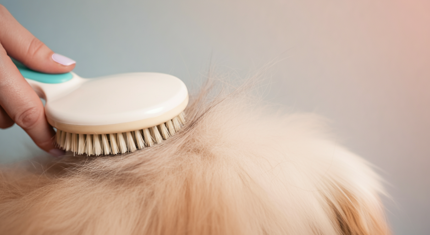 柔らかいブラシが、ふわふわした犬の毛を優しくとかしている様子のマクロ撮影。