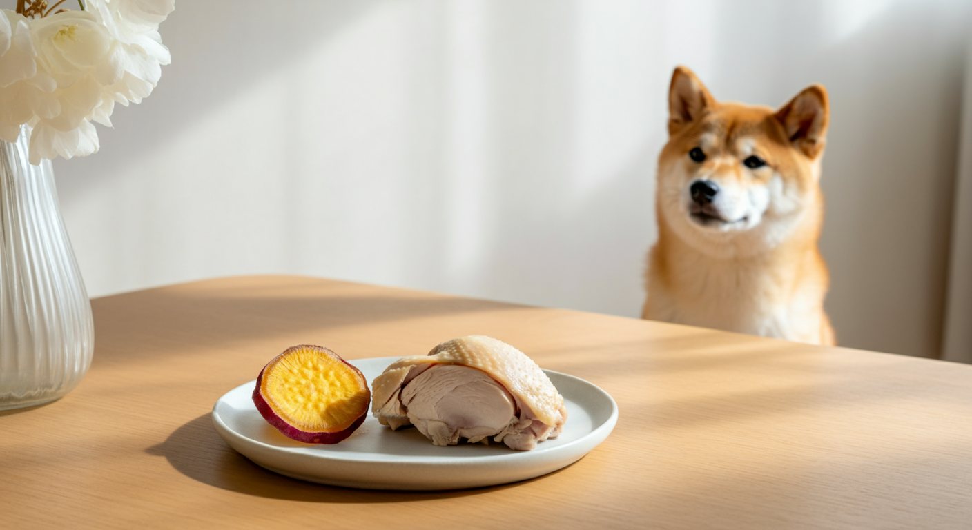 白い皿に並べられたサツマイモと鶏肉のヘルシーなおやつを、柴犬が遠くから見つめているクリーンな写真。