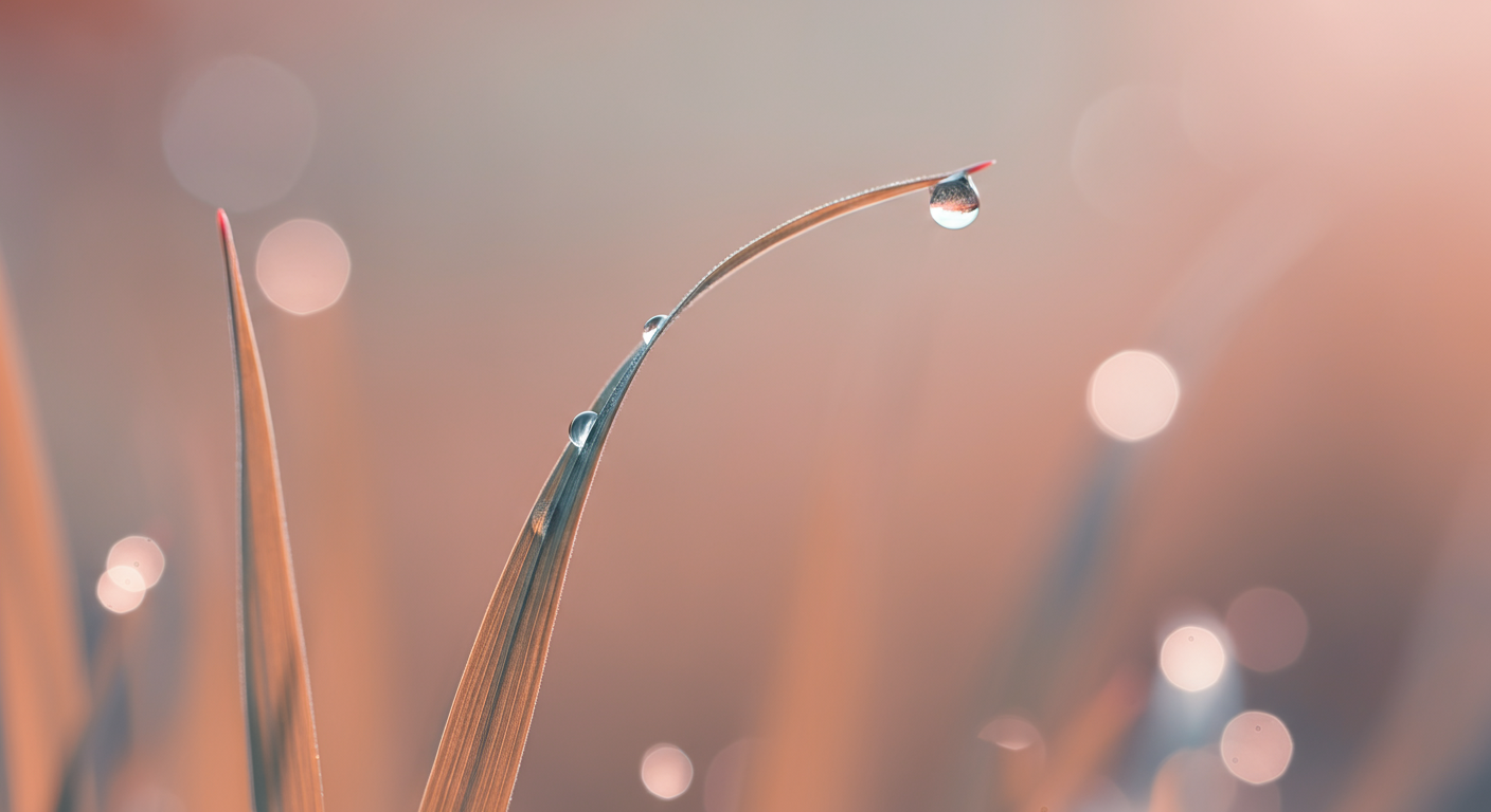 先端に水滴がついた、しなやかに曲がる一本の草の葉。柔軟性を表現している。