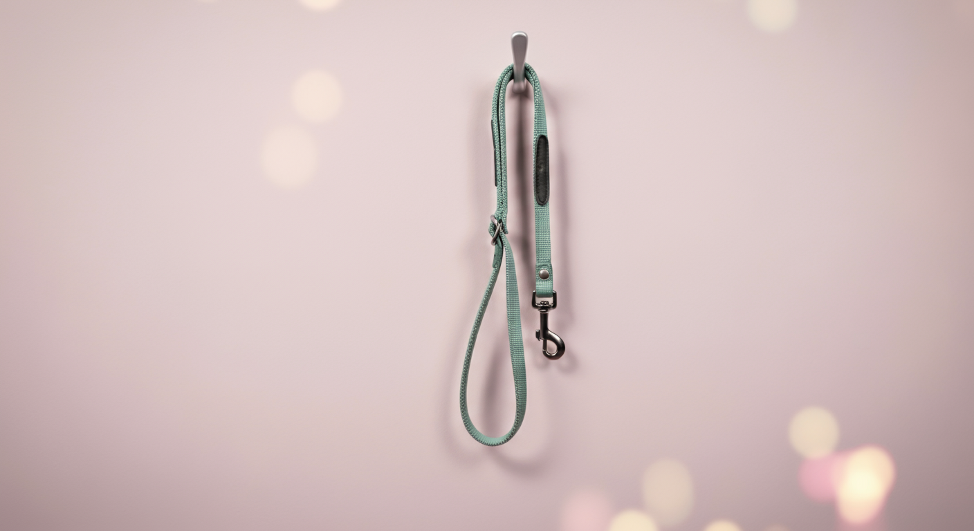 パステルカラーの壁のフックに、きれいに掛けられた犬のリード。