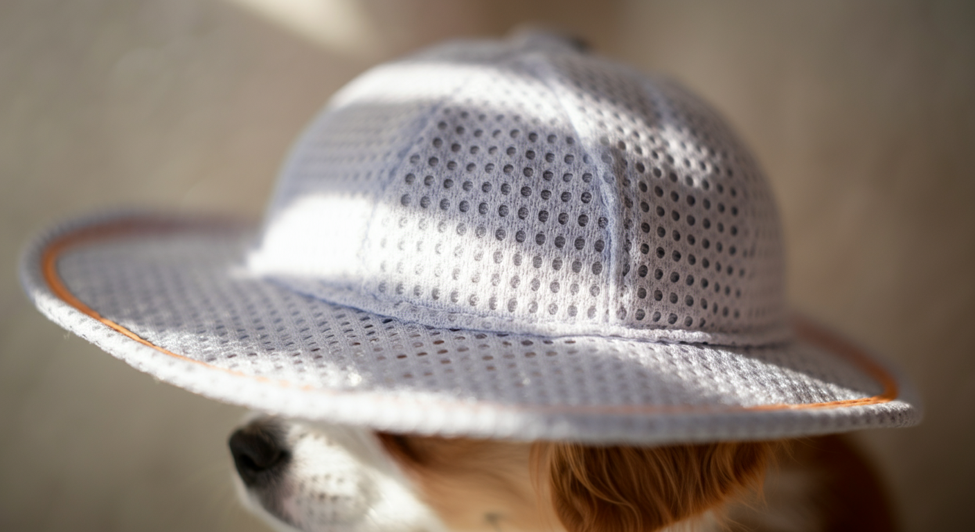 犬用UVハットのメッシュ生地のクローズアップ。木漏れ日のように光が差し込んでいる。