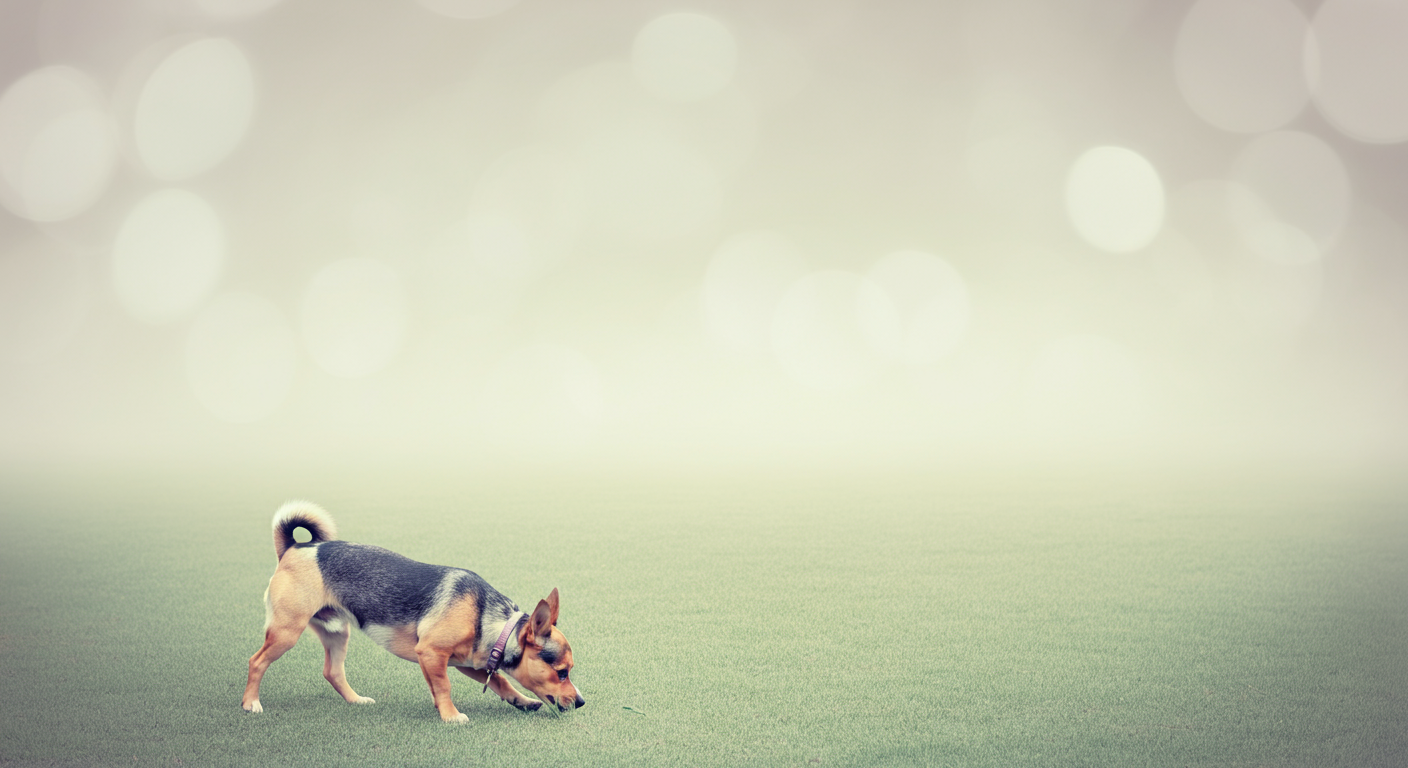 広くて誰もいないドッグランで、一匹の犬が地面の匂いを慎重に嗅いでいる様子。