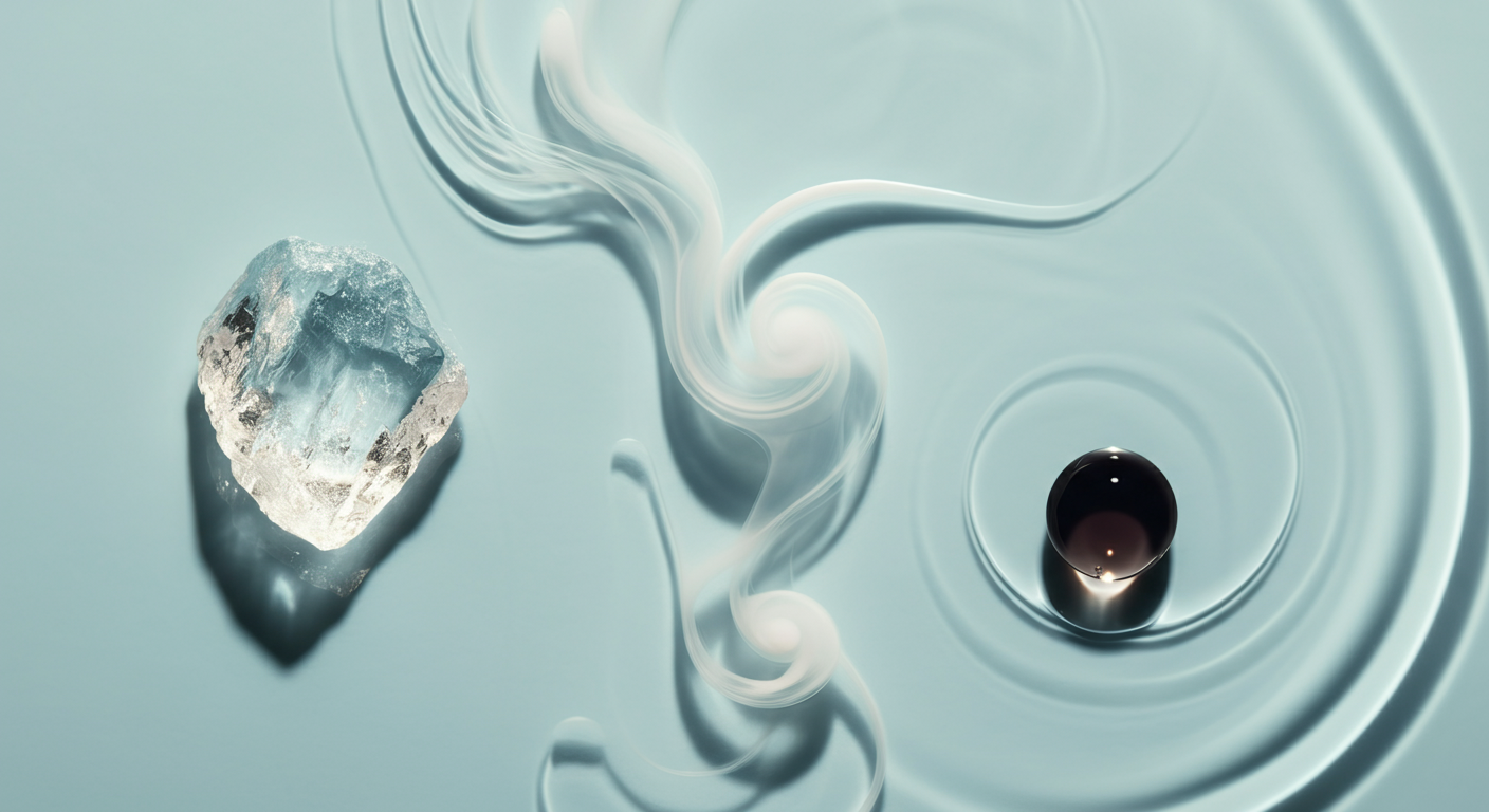 避けるべき3つの成分(アルコール、香料、防腐剤)を抽象的に表現したスタイリッシュな写真。