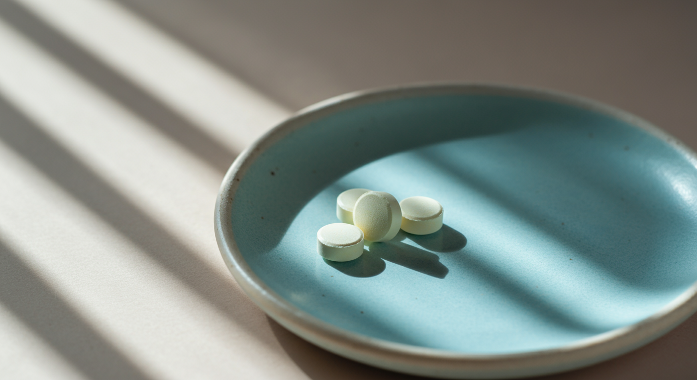 パステルブルーの皿に数粒のサプリメントが置かれ、柔らかい光が当たっている。