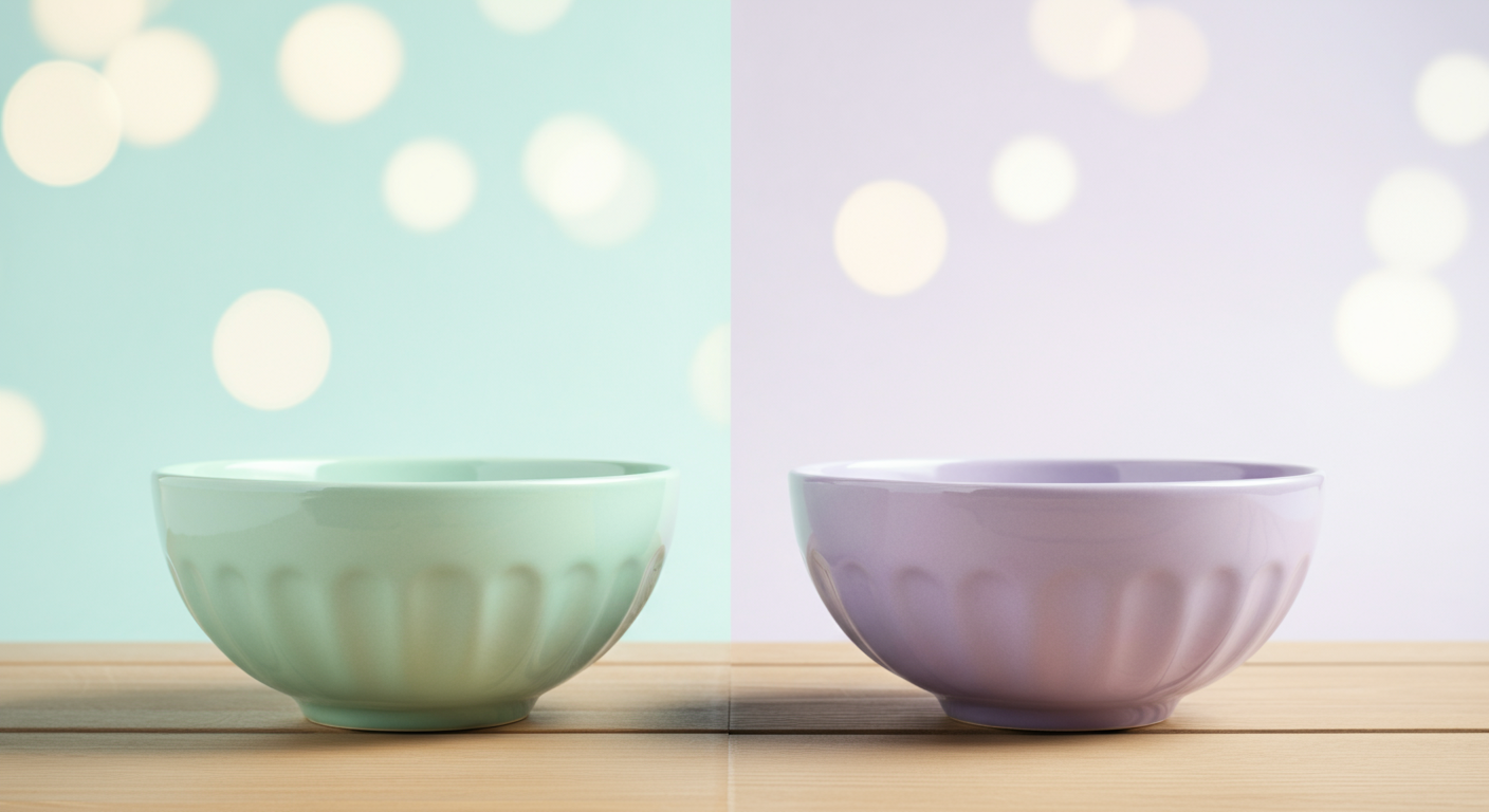 ウッドデッキの上に並べられた、ミントグリーンとラベンダー色の2つのパステルカラーのボウル。それぞれのテリトリーが尊重されている様子。