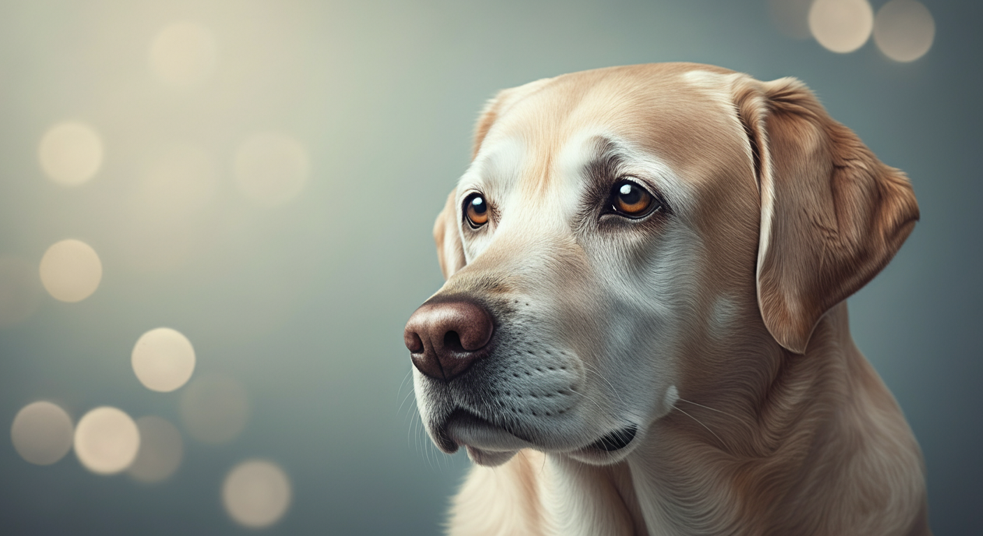 穏やかで優しい表情をしたシニア犬の顔のクローズアップ。