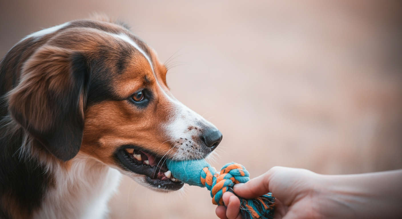 おもちゃを飼い主の方に優しく差し出している犬の口元のクローズアップ。