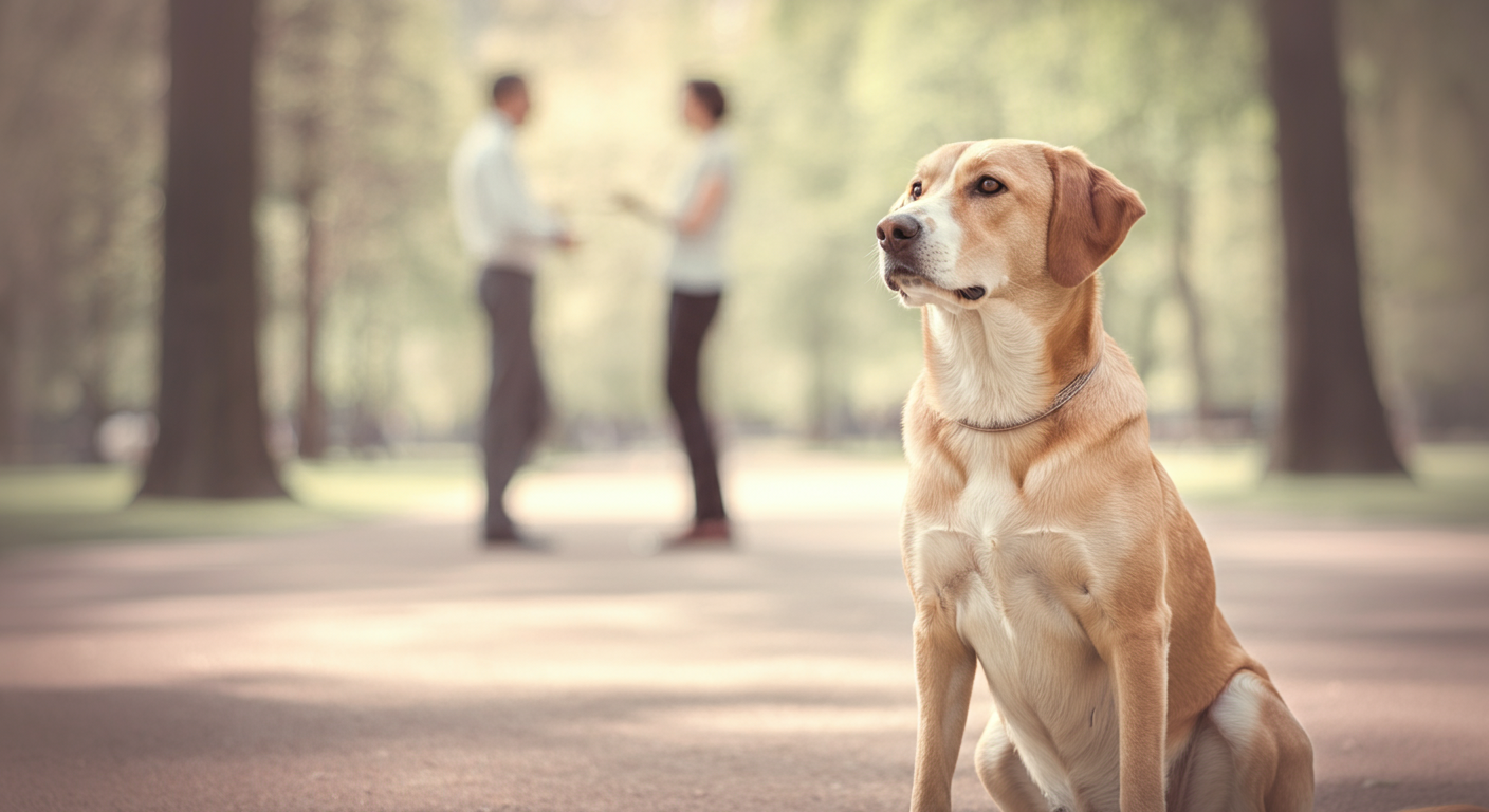 背景がぼけた公園で、手前に座る一匹の犬がこちらを見ている。奥では二人の人物が会話している様子が抽象的に描かれている。