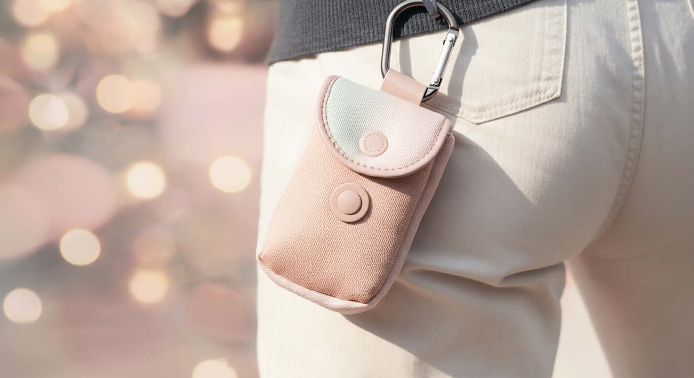 おしゃれなパステルカラーのマナーポーチがベルトループにカラビナで取り付けられている。