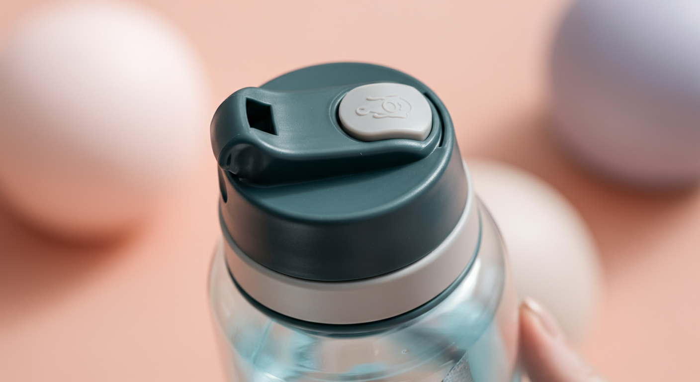 高品質な犬用給水ボトルのロックボタンと、キャップ内部のシリコンパッキンを写したマクロ写真。