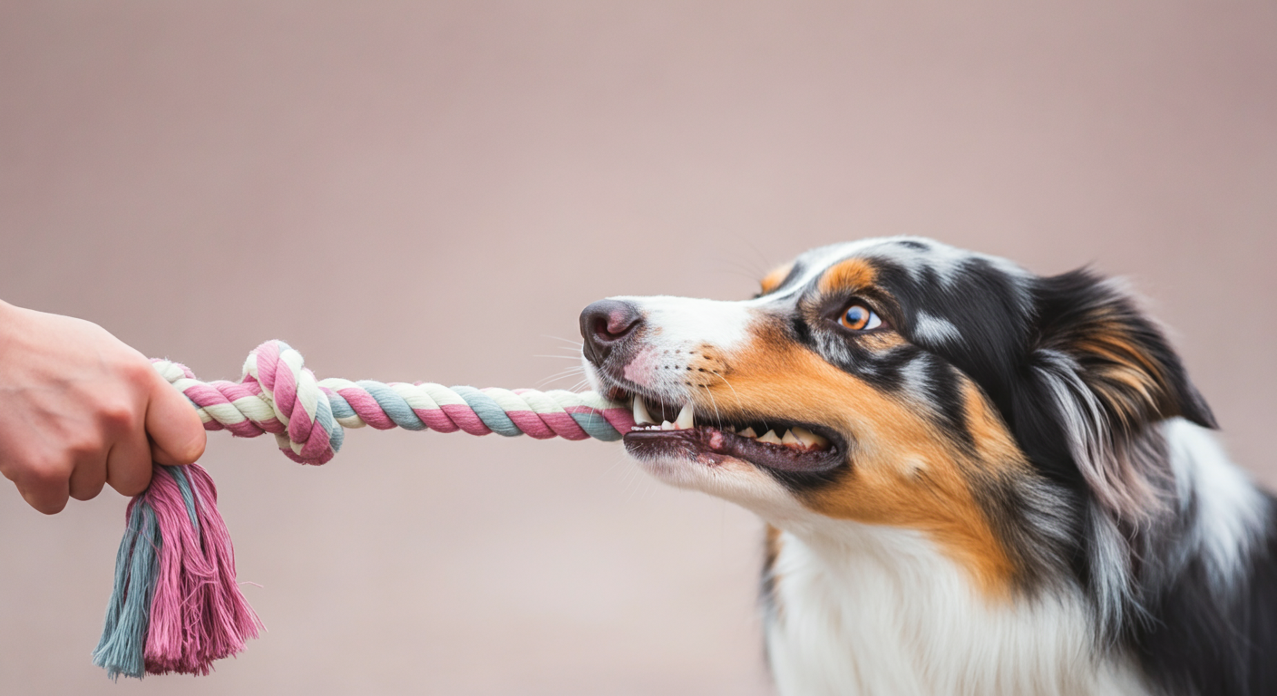 人と犬がパステルカラーのロープを両端から引っ張っている、その中心部に焦点を当てたクローズアップ写真。遊びを通じた強い繋がりを象徴している。