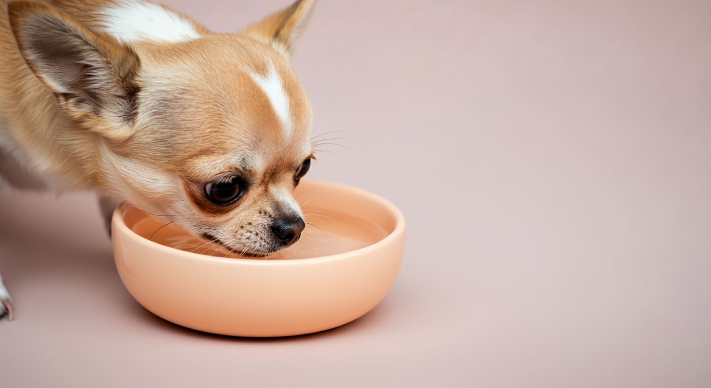小さなチワワがパステルカラーの浅い水飲みボウルの匂いを嗅いでいるクローズアップ写真
