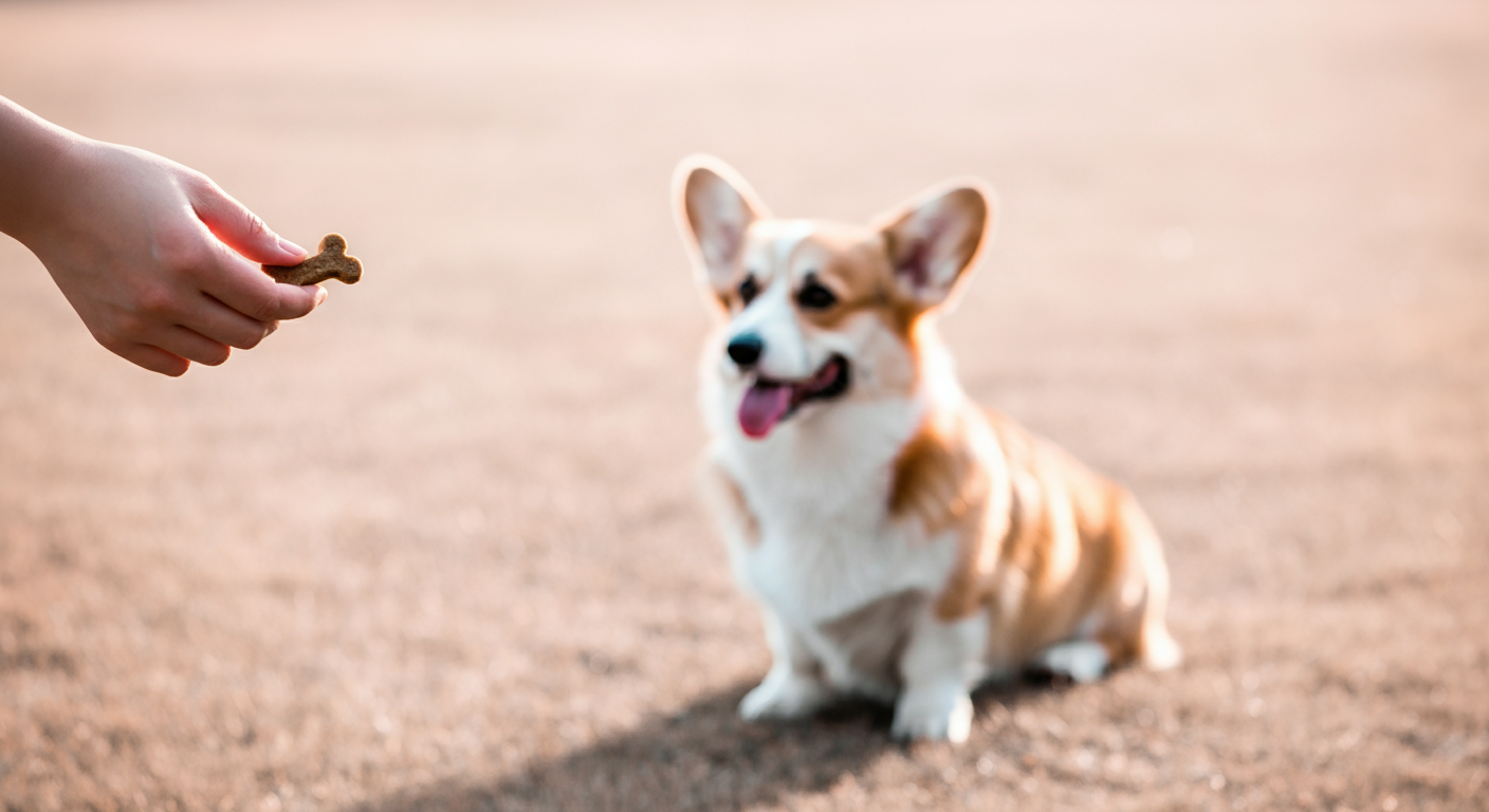 犬用おやつを一つ持った人間の手。背景にはコーギーのシルエットがぼんやりと写っており、待っている様子がうかがえる。