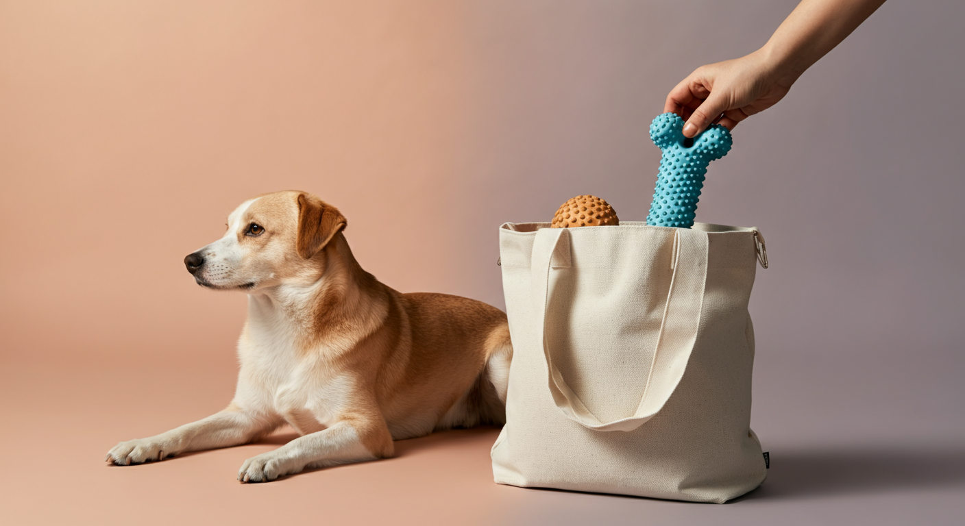 飼い主が犬用おもちゃをカバンにしまっている様子と、その横で落ち着いて座っている犬。