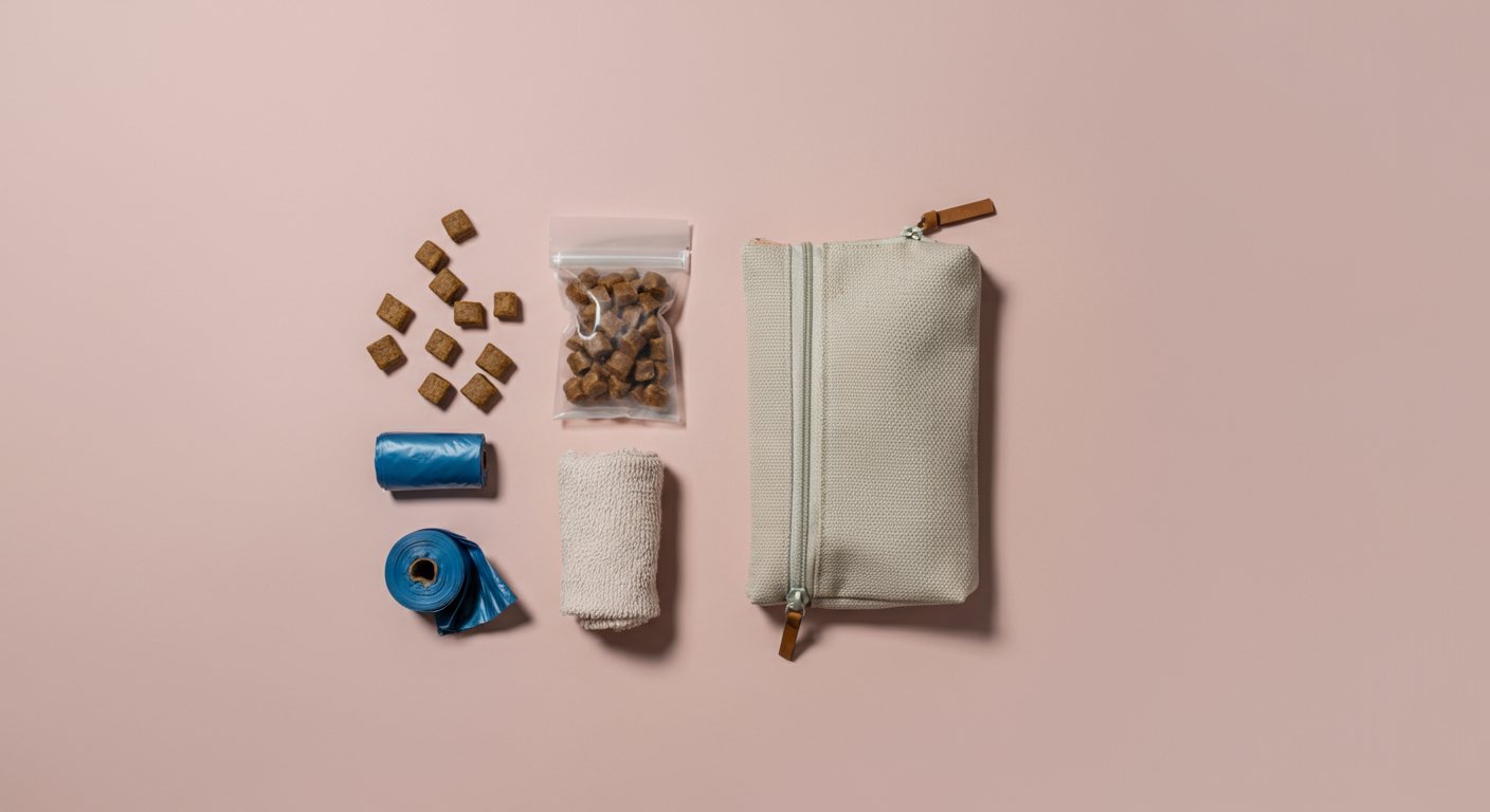 開いたトリーツポーチの横に、小さくカットされたトリーツ、ウンチ袋、折り畳んだタオルが整然と並べられた俯瞰写真。