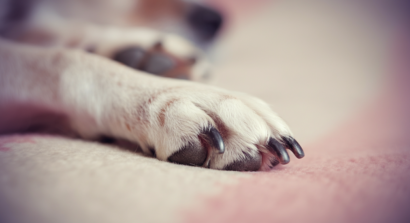 柔らかなブランケットの上に置かれたシニア犬の足先。背景はパステルカラーでぼけている。