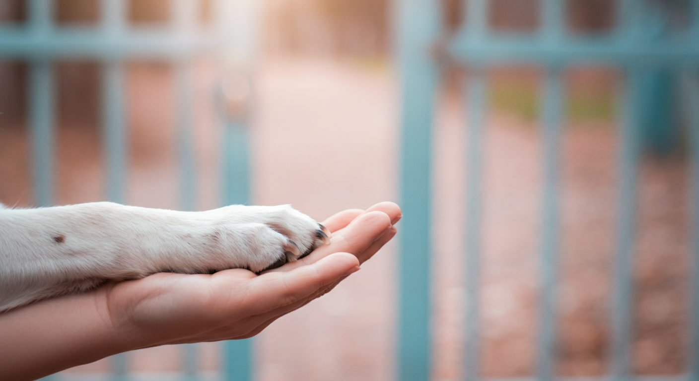 ドッグランの入り口の前で、飼い主の手に優しく乗せられた犬の前足