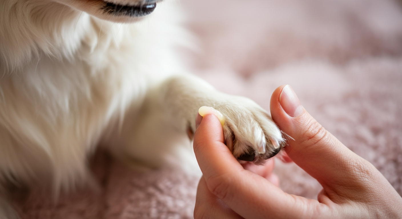 ごく少量のクリームを乗せた飼い主の指先が、犬の肉球にそっと触れようとしている瞬間の写真。